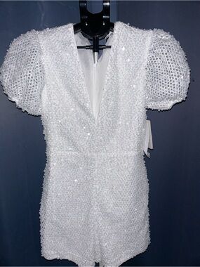 Watters White Sequin Puff-Sleeve Romper